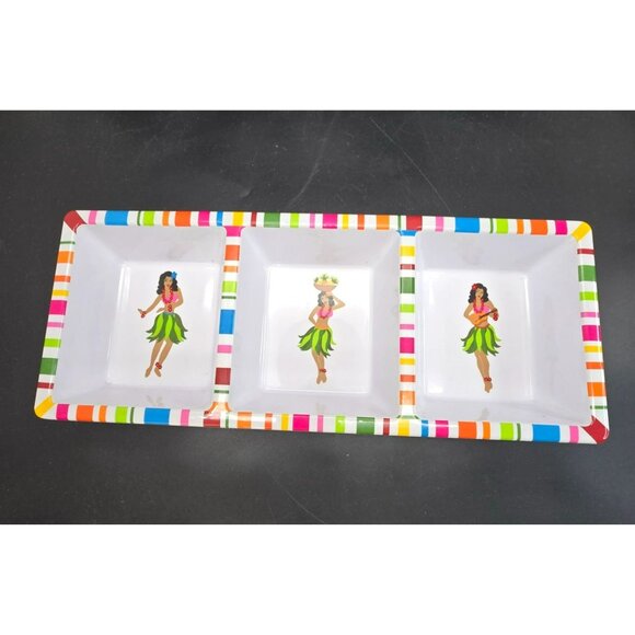 Hula Girl Divided Serving Tray Colorful Striped Border Heavy Melamine DH1367 - Picture 2 of 9